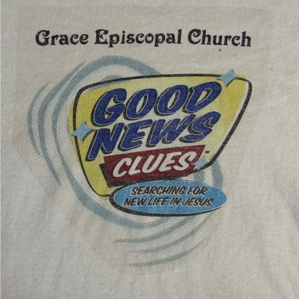 Vintage Jesus T-Shirt Good News Clues Searching For New Life Grace Episcopal XL
